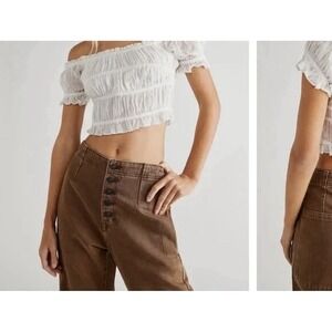 NWT  Free People One Cheri Smocked Crop Top Size Large White Off The Shoulder